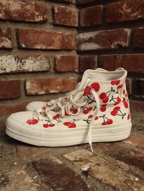Converse Cream High-Top Sneakers with Red Cherry Print